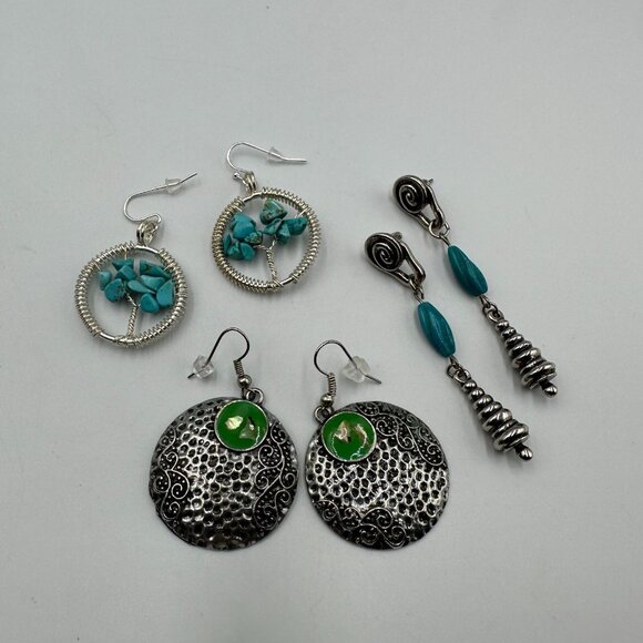 Earrings Lot Silver Tone Pierced Dangle Metal Faux Turquoise Beads 3 Pairs - Picture 13 of 13